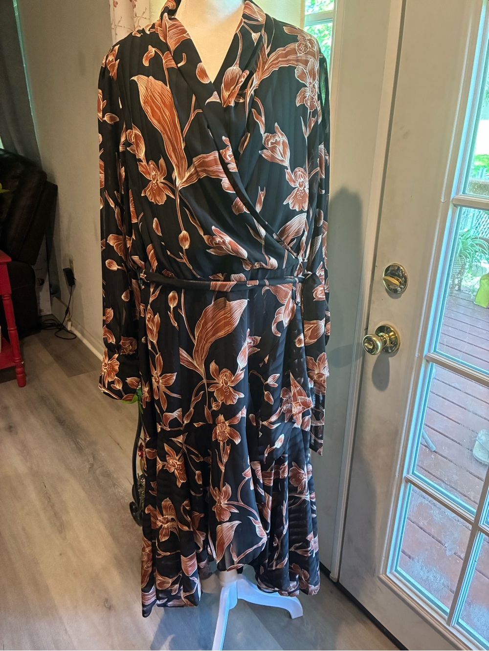 Taylor Black Wrap Midi Dress with Brown Floral Print
